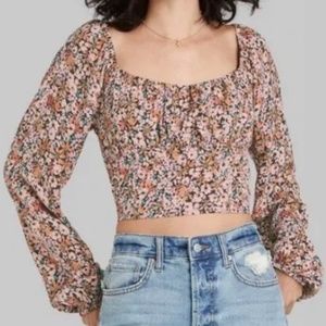 Puff Long Sleeve Bustier Top Brown Floral